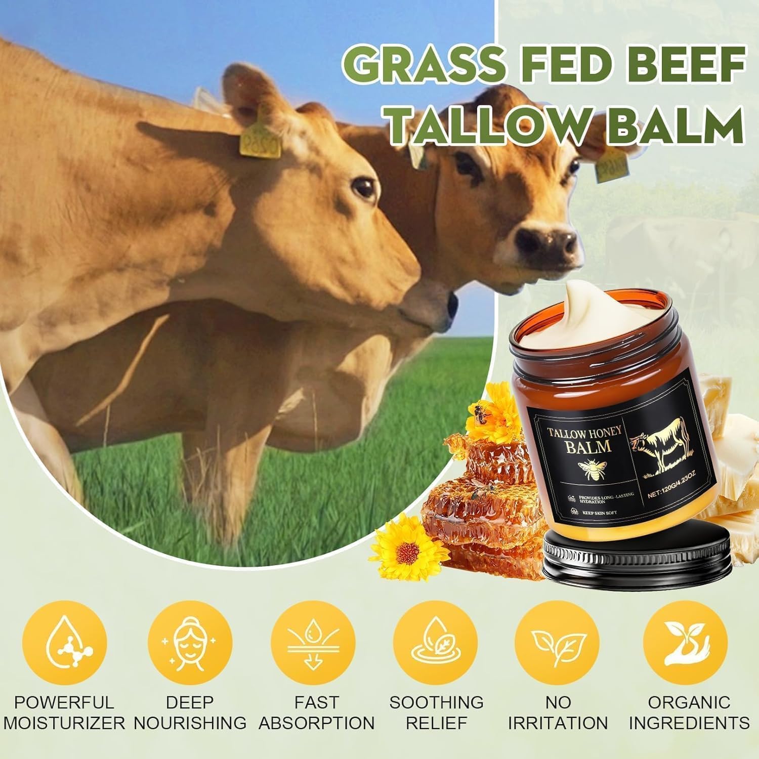 WOMEIKI Beef Tallow Moisturizer – Unscented Grass-Fed Face & Body Balm with Honey & Beeswax