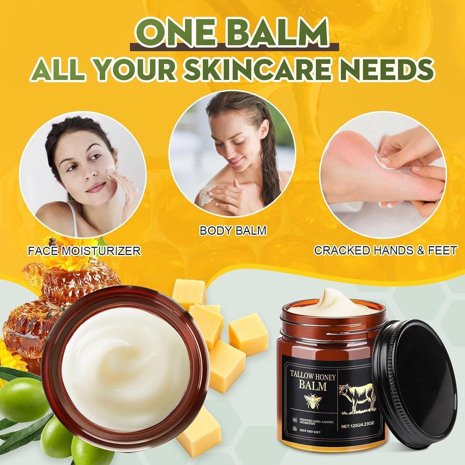 WOMEIKI Beef Tallow Moisturizer – Unscented Grass-Fed Face & Body Balm with Honey & Beeswax