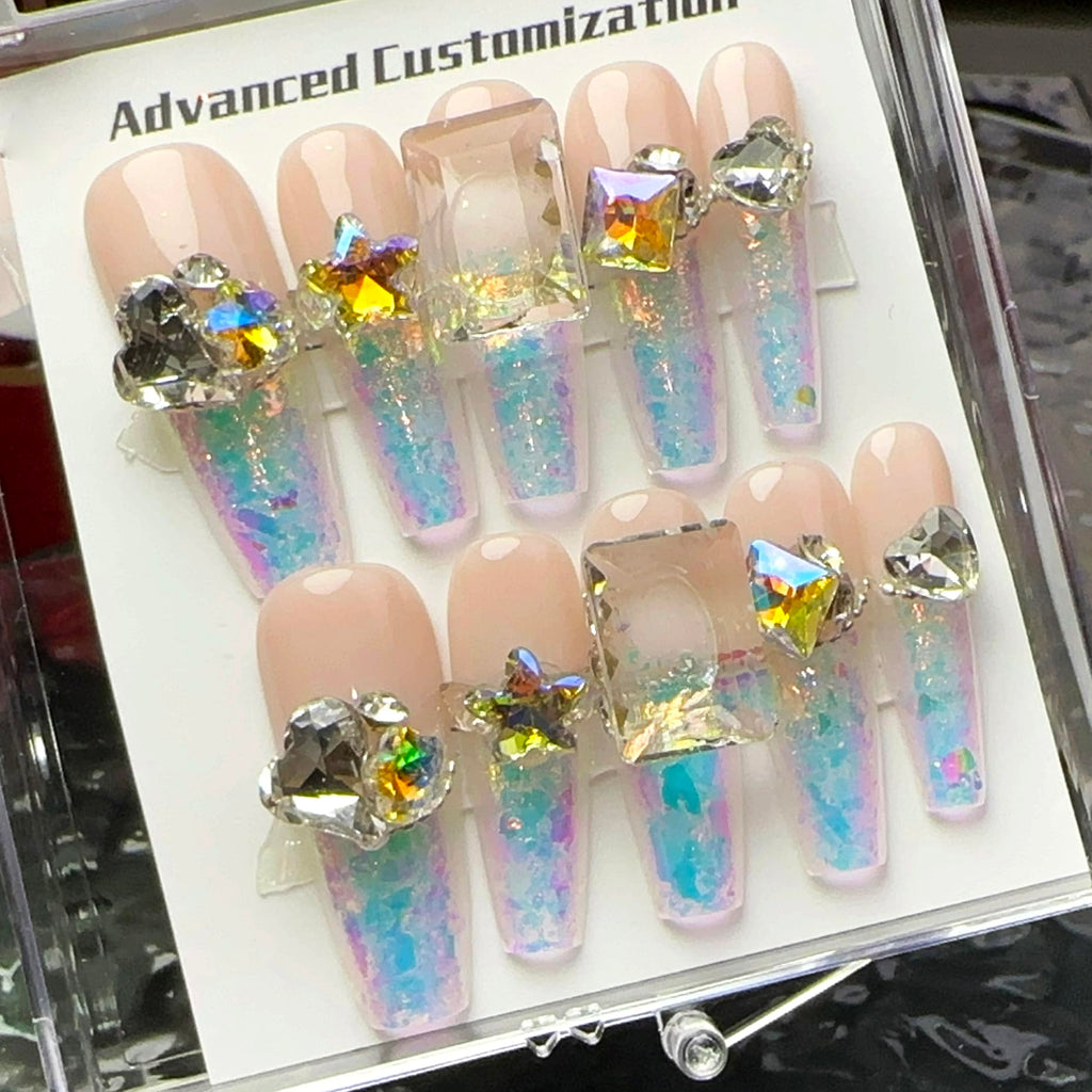 WOMHOPE Handmade Press-On Nails – Aurora Rhinestone Vintage Flower, Long Almond & Coffin (10pcs)