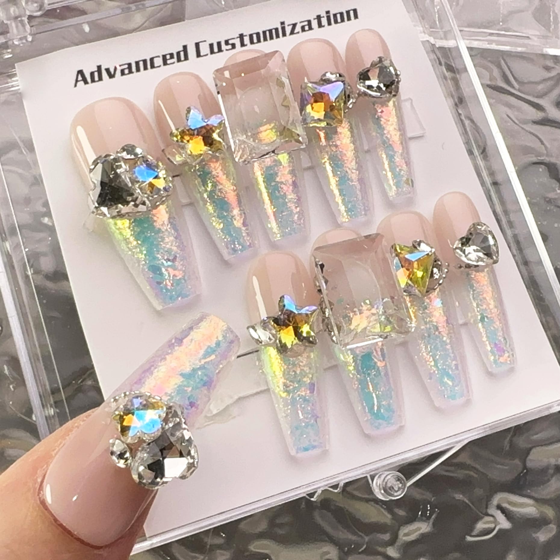 WOMHOPE Handmade Press-On Nails – Aurora Rhinestone Vintage Flower, Long Almond & Coffin (10pcs)