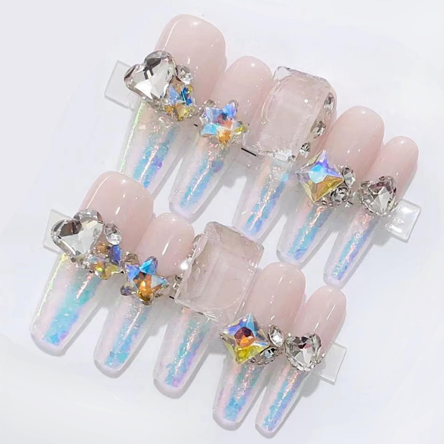 WOMHOPE Handmade Press-On Nails – Aurora Rhinestone Vintage Flower, Long Almond & Coffin (10pcs)