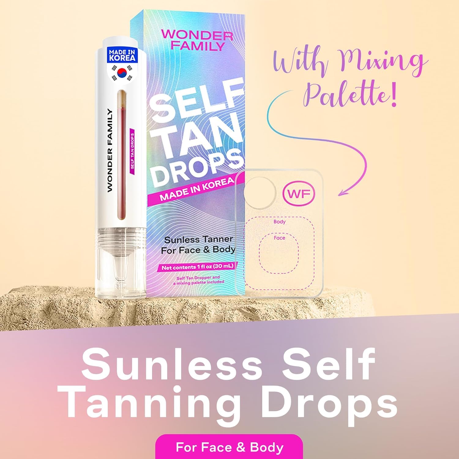 WONDER FAMILY Self Tanning Drops Kit with Exfoliating Mitt – Customizable Color, Aloe & Hyaluronic, Made in Korea