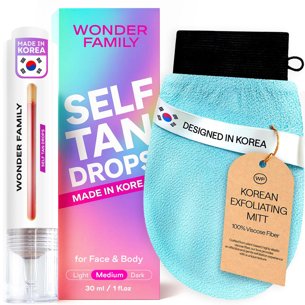 WONDER FAMILY Self Tanning Drops Kit with Exfoliating Mitt – Customizable Color, Aloe & Hyaluronic, Made in Korea