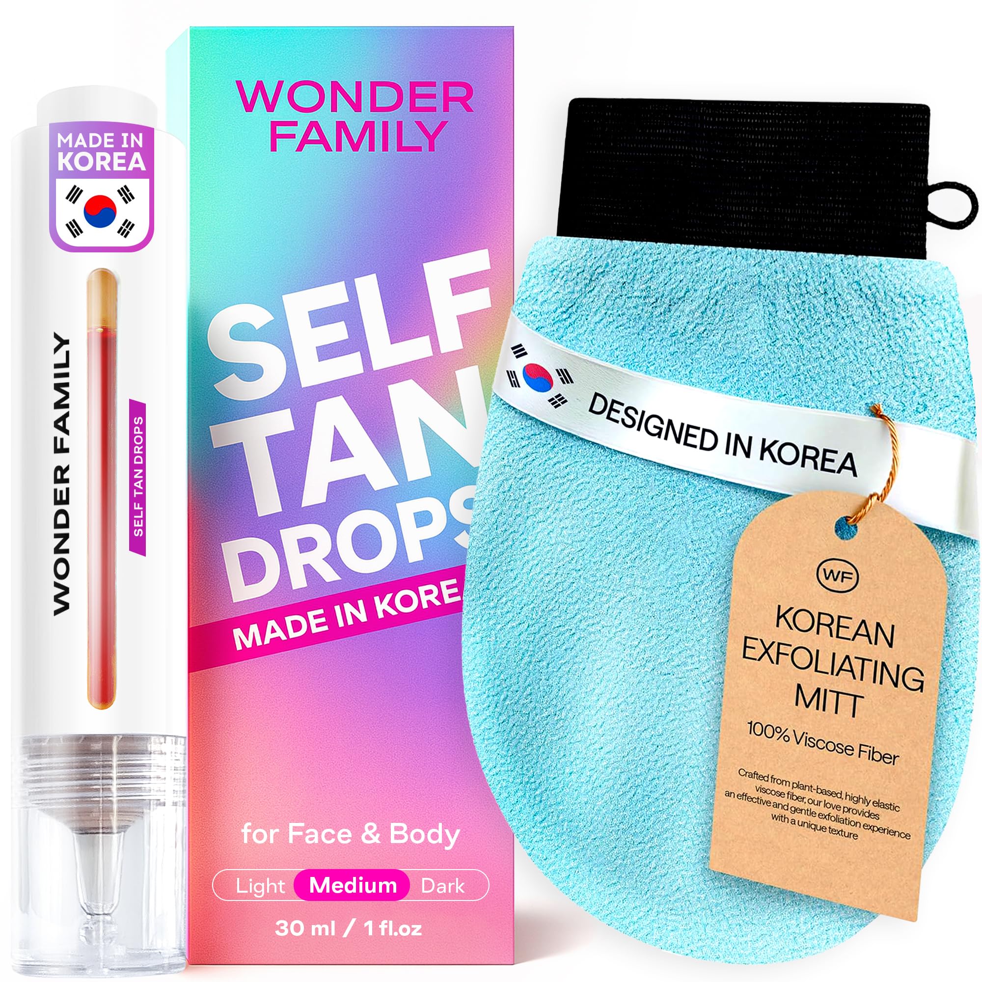 WONDER FAMILY Self Tanning Drops Kit with Exfoliating Mitt – Customizable Color, Aloe & Hyaluronic, Made in Korea