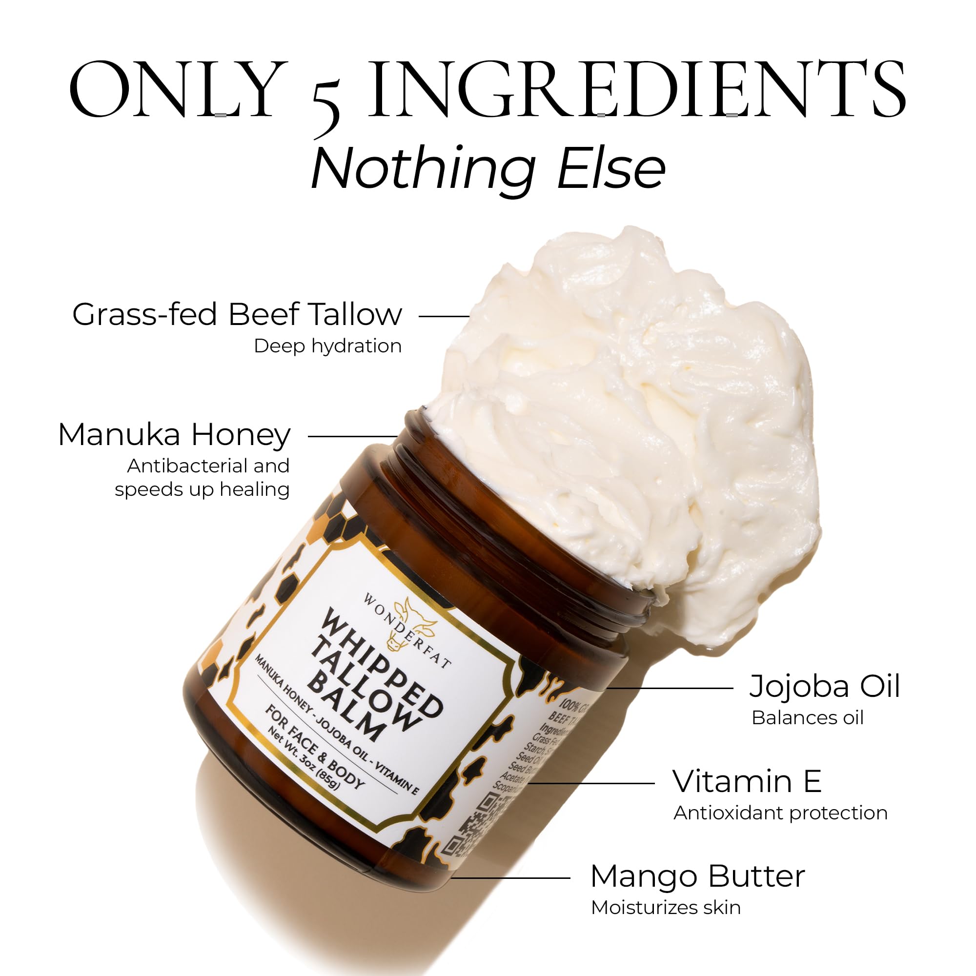 Wonderfat Grass-Fed Whipped Tallow Balm – Face & Body Moisturizer with Manuka Honey (Unscented, 3 oz)