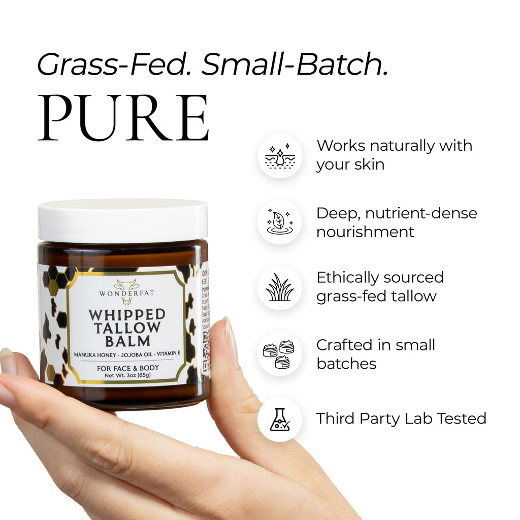 Wonderfat Grass-Fed Whipped Tallow Balm – Face & Body Moisturizer with Manuka Honey (Unscented, 3 oz)