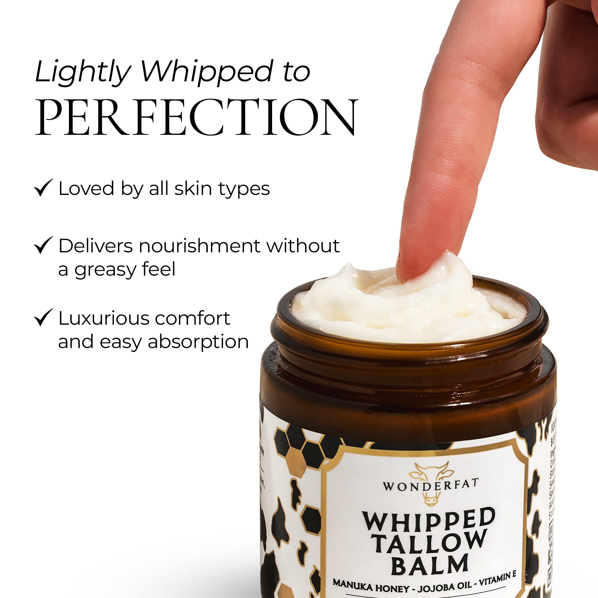 Wonderfat Grass-Fed Whipped Tallow Balm – Face & Body Moisturizer with Manuka Honey (Unscented, 3 oz)