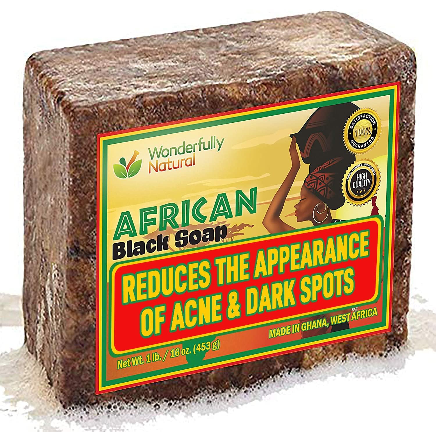 Wonderfully Natural African Black Soap Bar – Acne & Dark Spots, Vegan, 1lb (90 Day Supply)