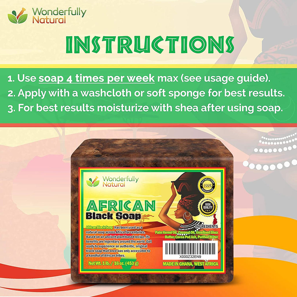 Wonderfully Natural African Black Soap Bar – Acne & Dark Spots, Vegan, 1lb (90 Day Supply)