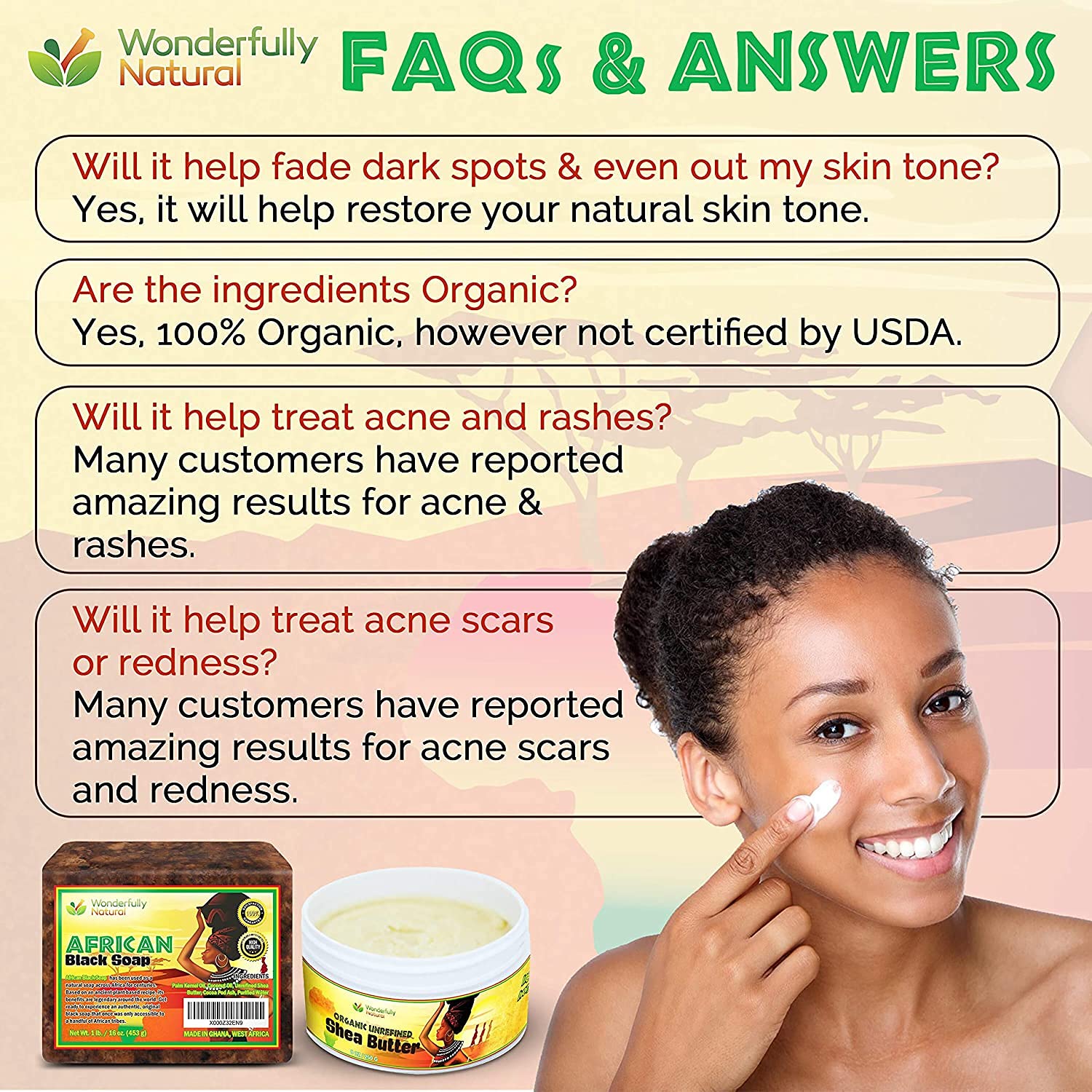 Wonderfully Natural African Black Soap Bar – Acne & Dark Spots, Vegan, 1lb (90 Day Supply)