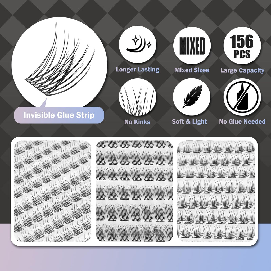 WONSIS Self-Adhesive Eyelashes – 156 Pcs, Glue-Free Clusters, No Glue Needed, Natural-Mixed