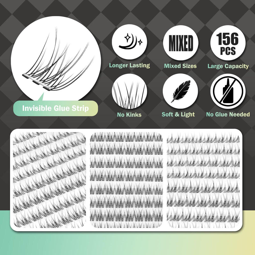 WONSIS Self-Adhesive Eyelashes – 156 Clusters, No Glue, Invisible Band