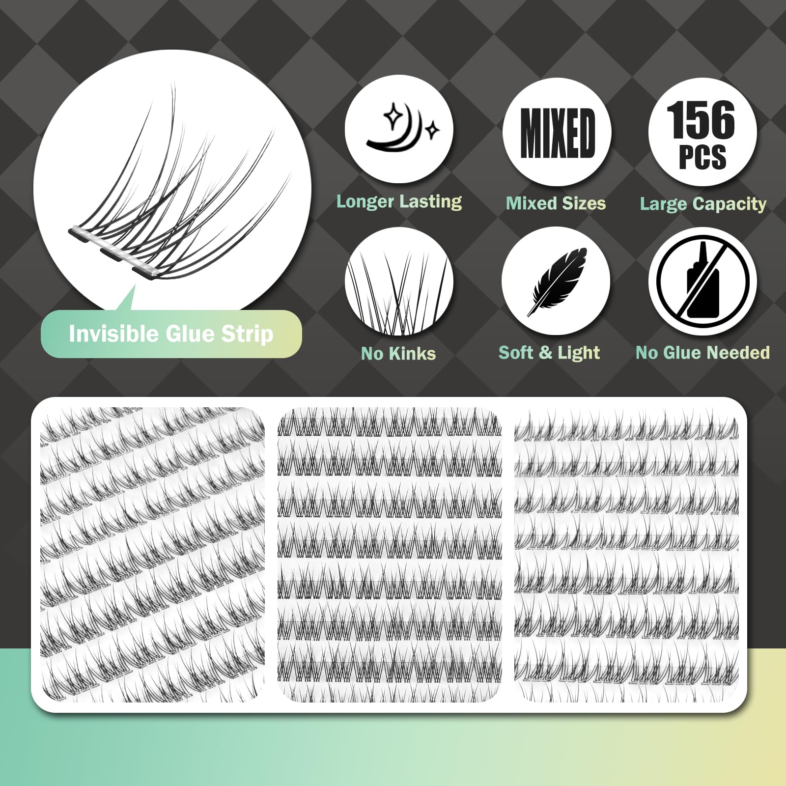 WONSIS Self-Adhesive Eyelashes – 156 Clusters, No Glue, Invisible Band