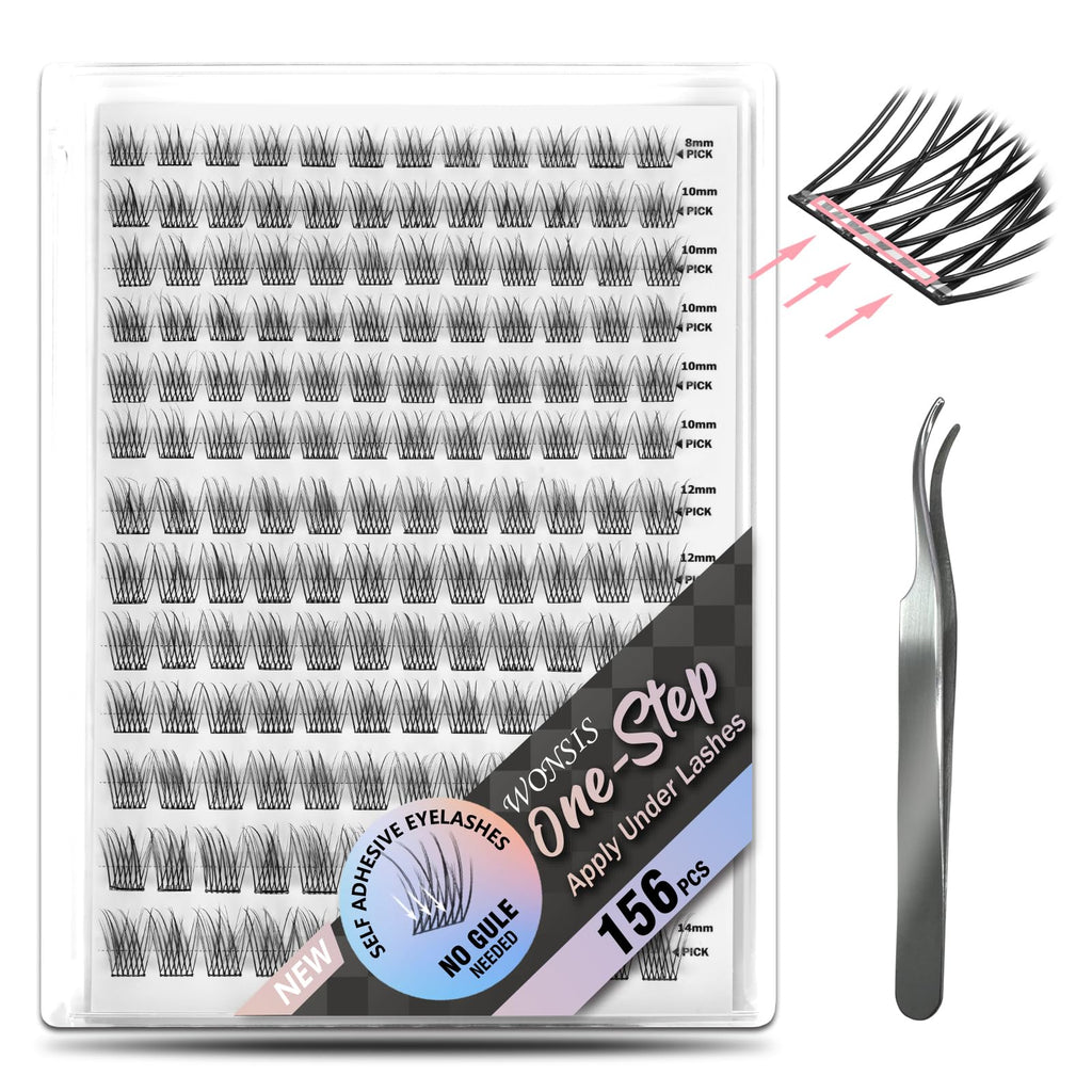 WONSIS Self-Adhesive Eyelashes – 156 Pcs, Glue-Free Clusters, No Glue Needed, Natural-Mixed