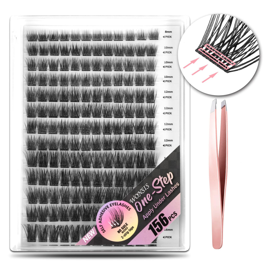 WONSIS Self Adhesive Eyelashes – 156-Cluster Mix, No Glue Needed, Invisible 2-Strip Tape
