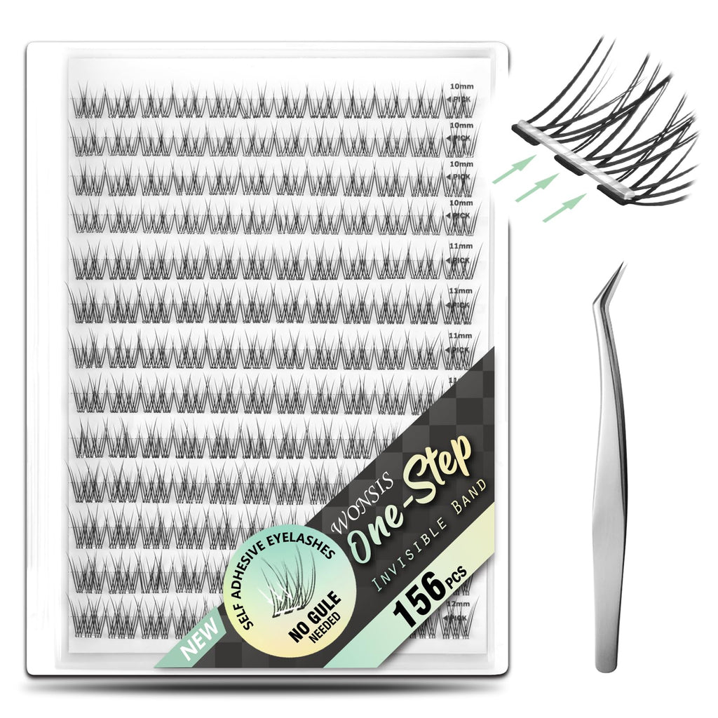 WONSIS Self-Adhesive Eyelashes – 156 Clusters, No Glue, Invisible Band