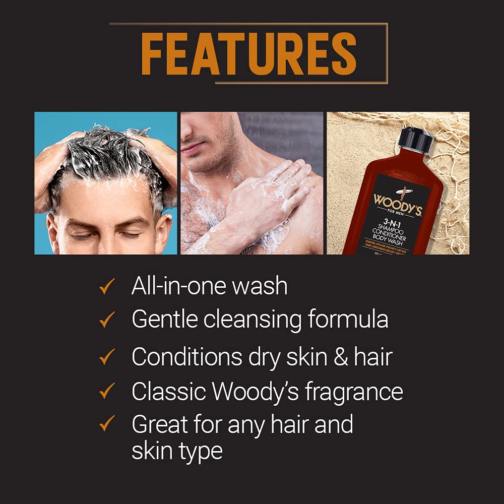 Woody's 3-in-1 Shampoo, Conditioner & Body Wash for Men – Travel-Size 12 oz