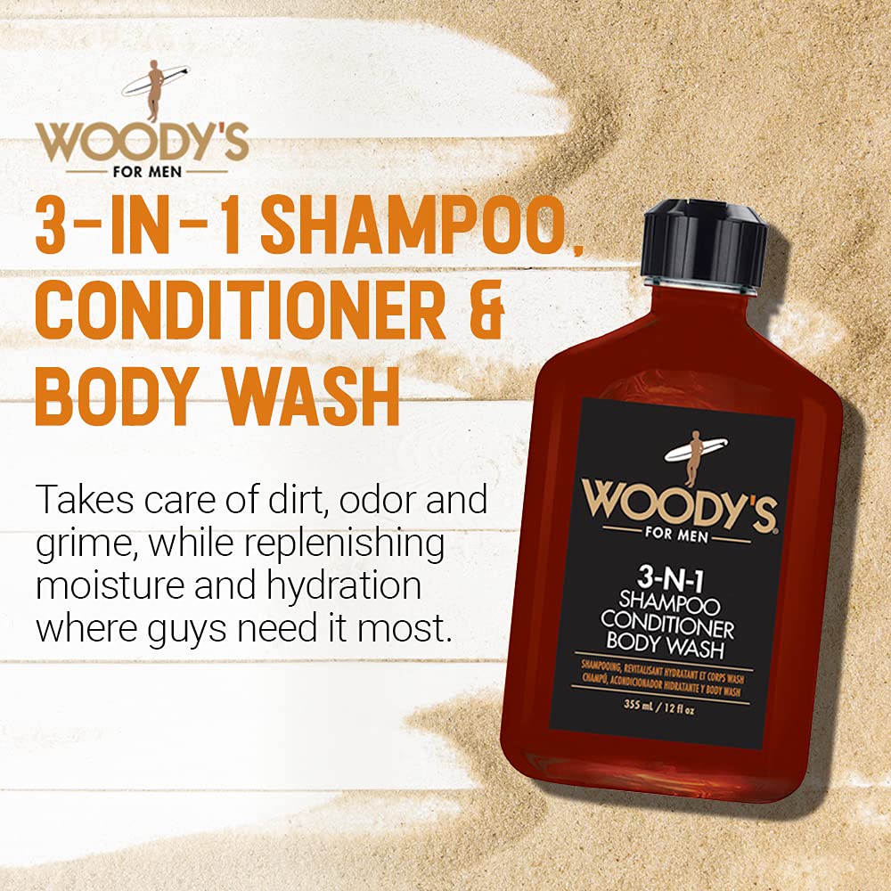 Woody's 3-in-1 Shampoo, Conditioner & Body Wash for Men – Travel-Size 12 oz