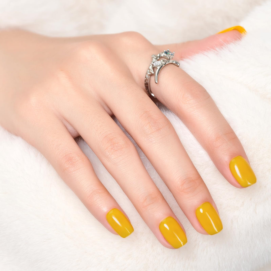 Wooyas Short Press On Nails – Yellow Gel Nails Kit, 24 Pcs, 12 Sizes, Reusable
