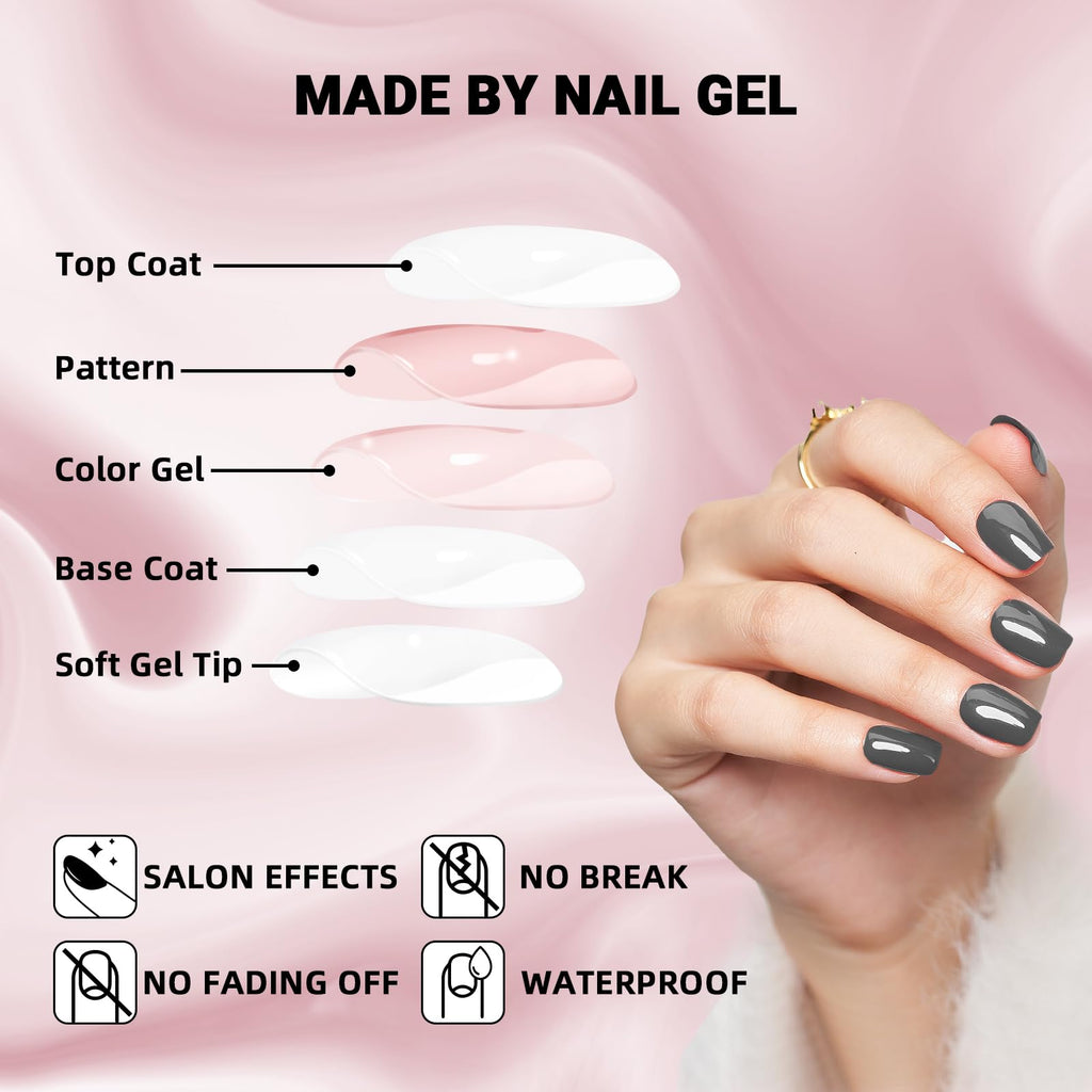 Wooyas Press On Nails Short Square – Cement Gray Soft Gel Kit, 24 Pcs, 12 Sizes, Glue Included