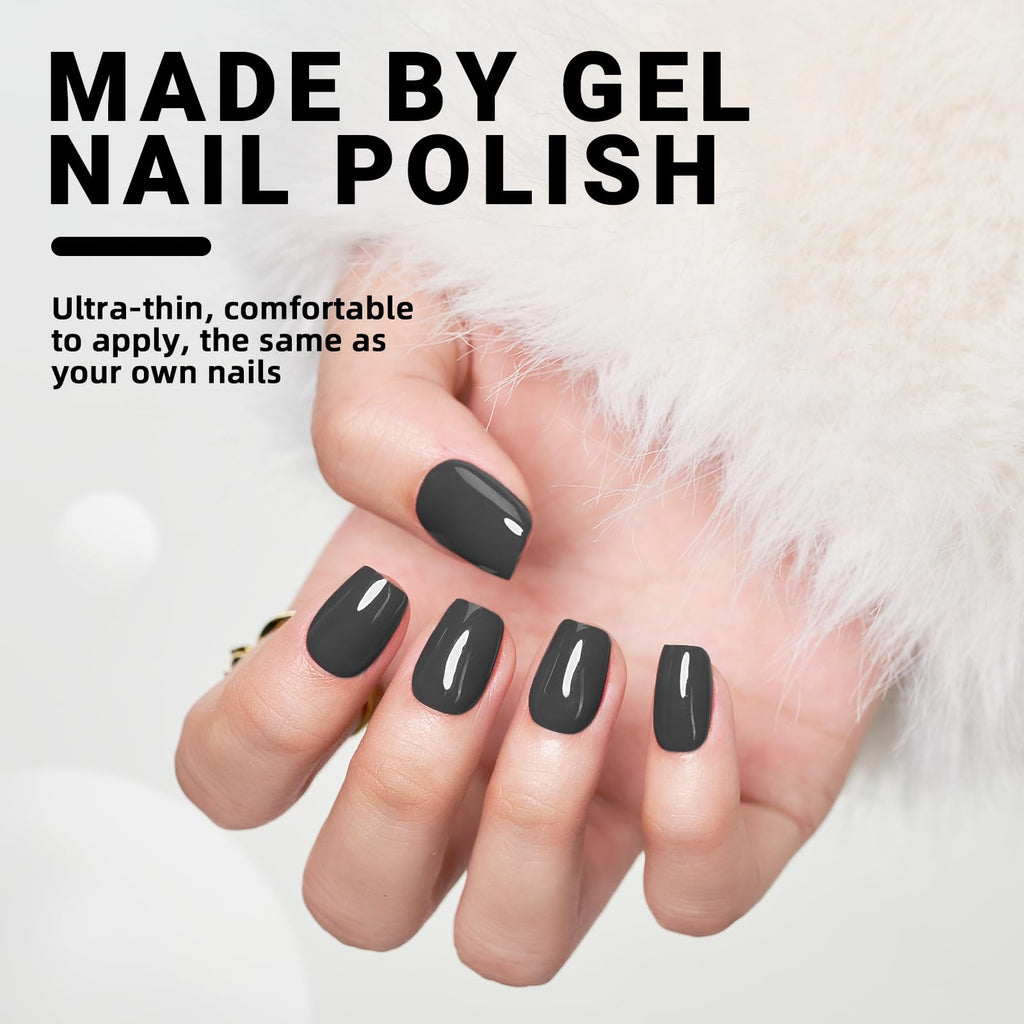 Wooyas Press On Nails Short Square – Cement Gray Soft Gel Kit, 24 Pcs, 12 Sizes, Glue Included