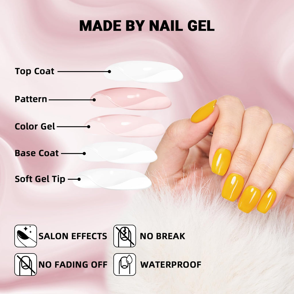 Wooyas Short Press On Nails – Yellow Gel Nails Kit, 24 Pcs, 12 Sizes, Reusable