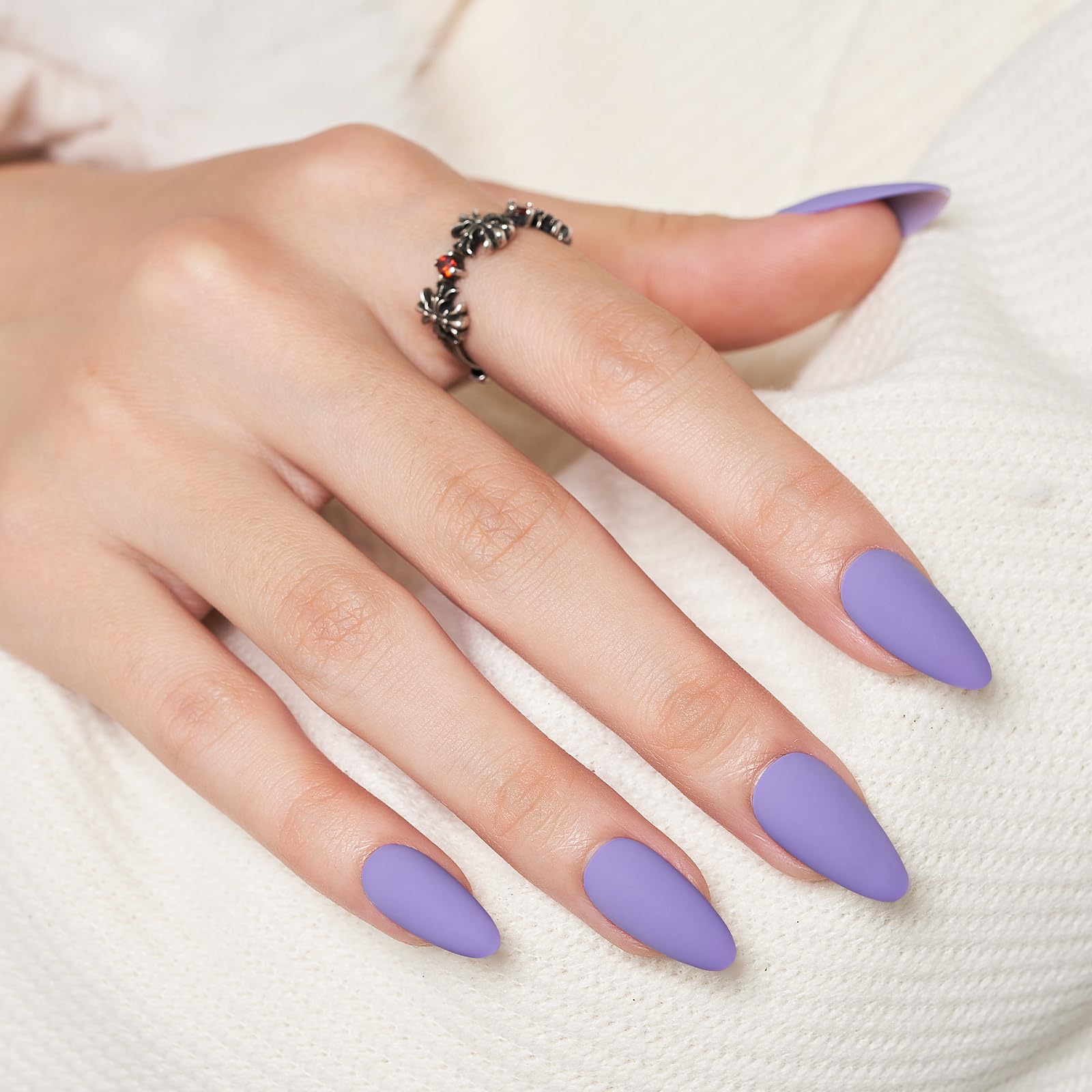 WOOYAS Almond Press-On Purple Nails – 24 Pcs Matte Gel Kit, Reusable