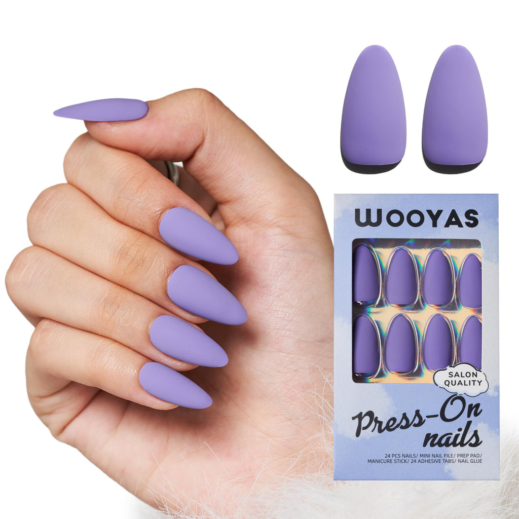 WOOYAS Almond Press-On Purple Nails – 24 Pcs Matte Gel Kit, Reusable