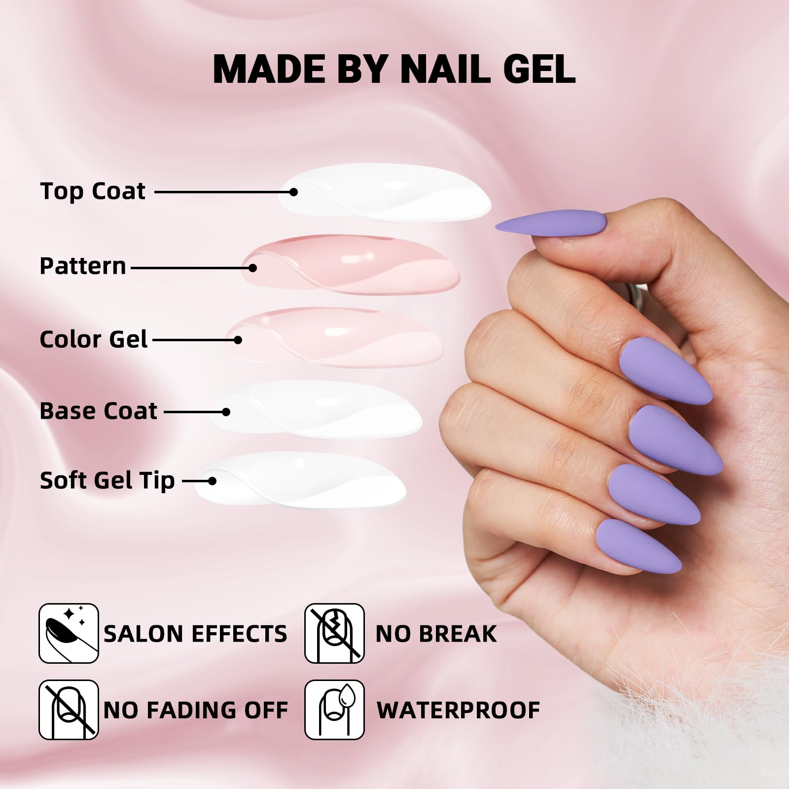 WOOYAS Almond Press-On Purple Nails – 24 Pcs Matte Gel Kit, Reusable