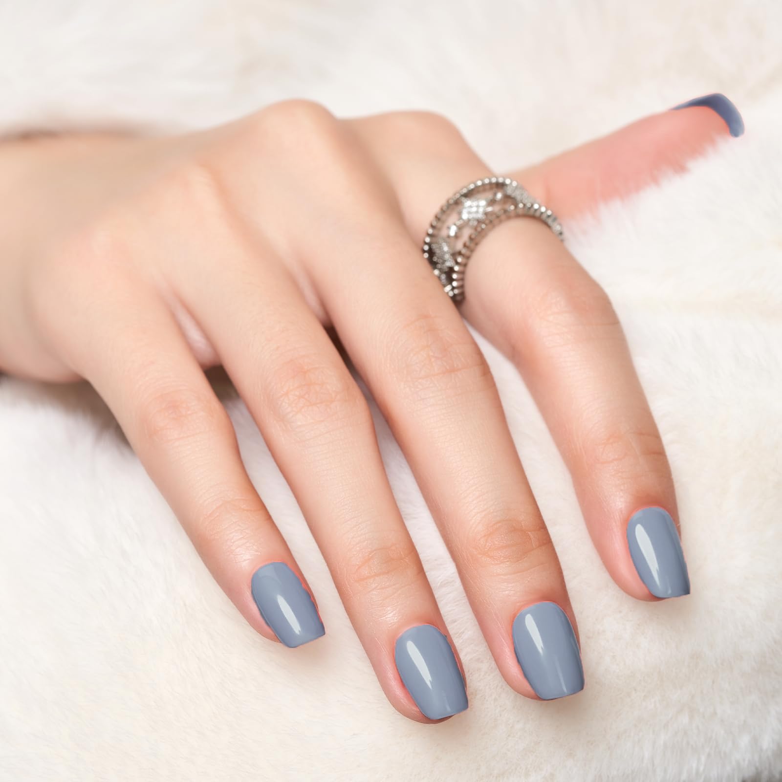 WOOYAS Haze Blue Short Press-On Nails – Salon-Quality Glue-On Nails with Glossy Gel Finish (24 Pcs)
