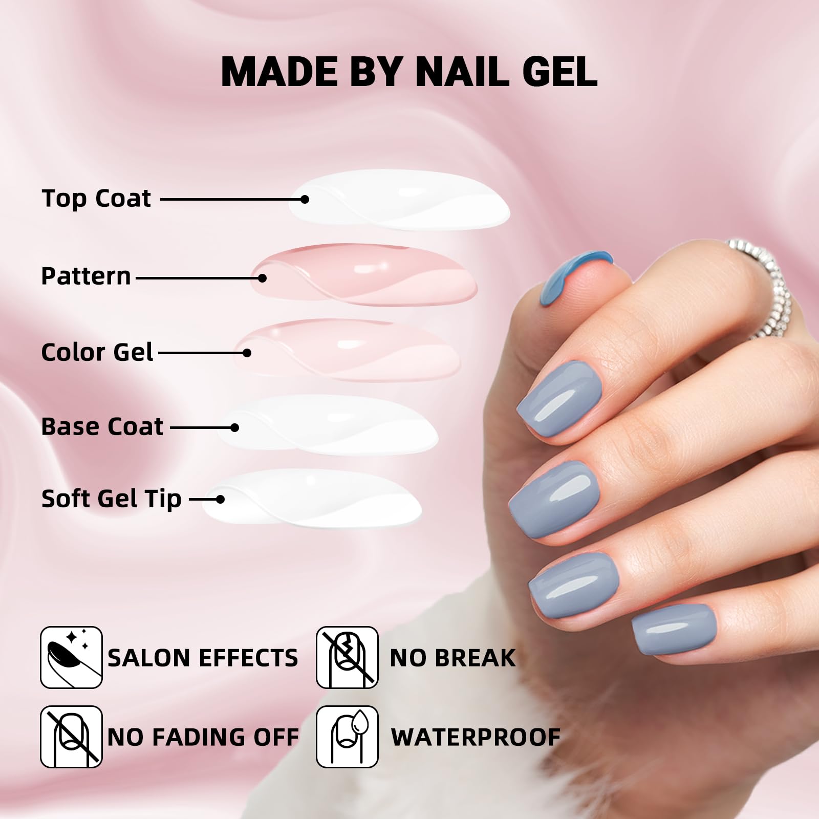 WOOYAS Haze Blue Short Press-On Nails – Salon-Quality Glue-On Nails with Glossy Gel Finish (24 Pcs)