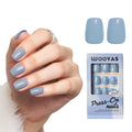 WOOYAS Haze Blue Short Press-On Nails – Salon-Quality Glue-On Nails with Glossy Gel Finish (24 Pcs)