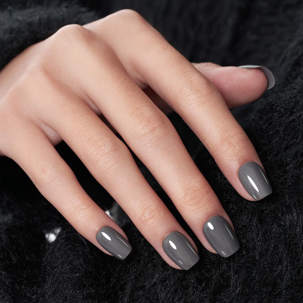 Wooyas Press On Nails Short Square – Cement Gray Soft Gel Kit, 24 Pcs, 12 Sizes, Glue Included