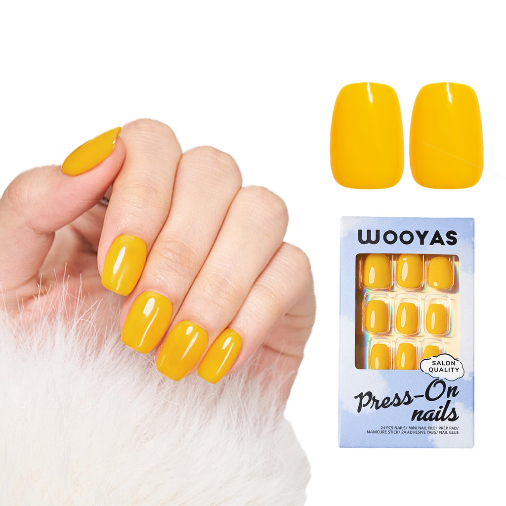 Wooyas Short Press On Nails – Yellow Gel Nails Kit, 24 Pcs, 12 Sizes, Reusable