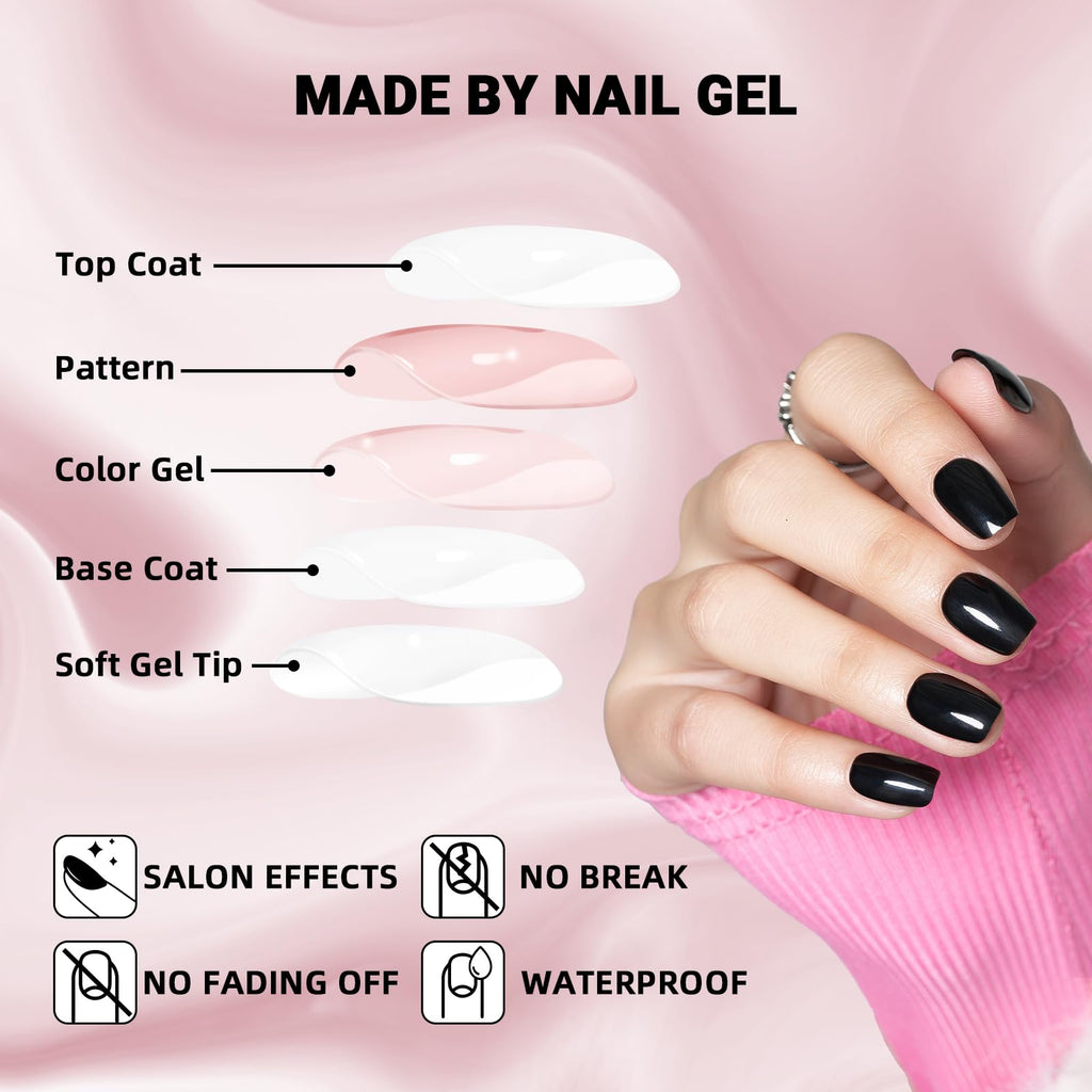 Wooyas Black Press-On Nails Short – Handmade Glossy Square Kit (24 Pcs, Reusable)