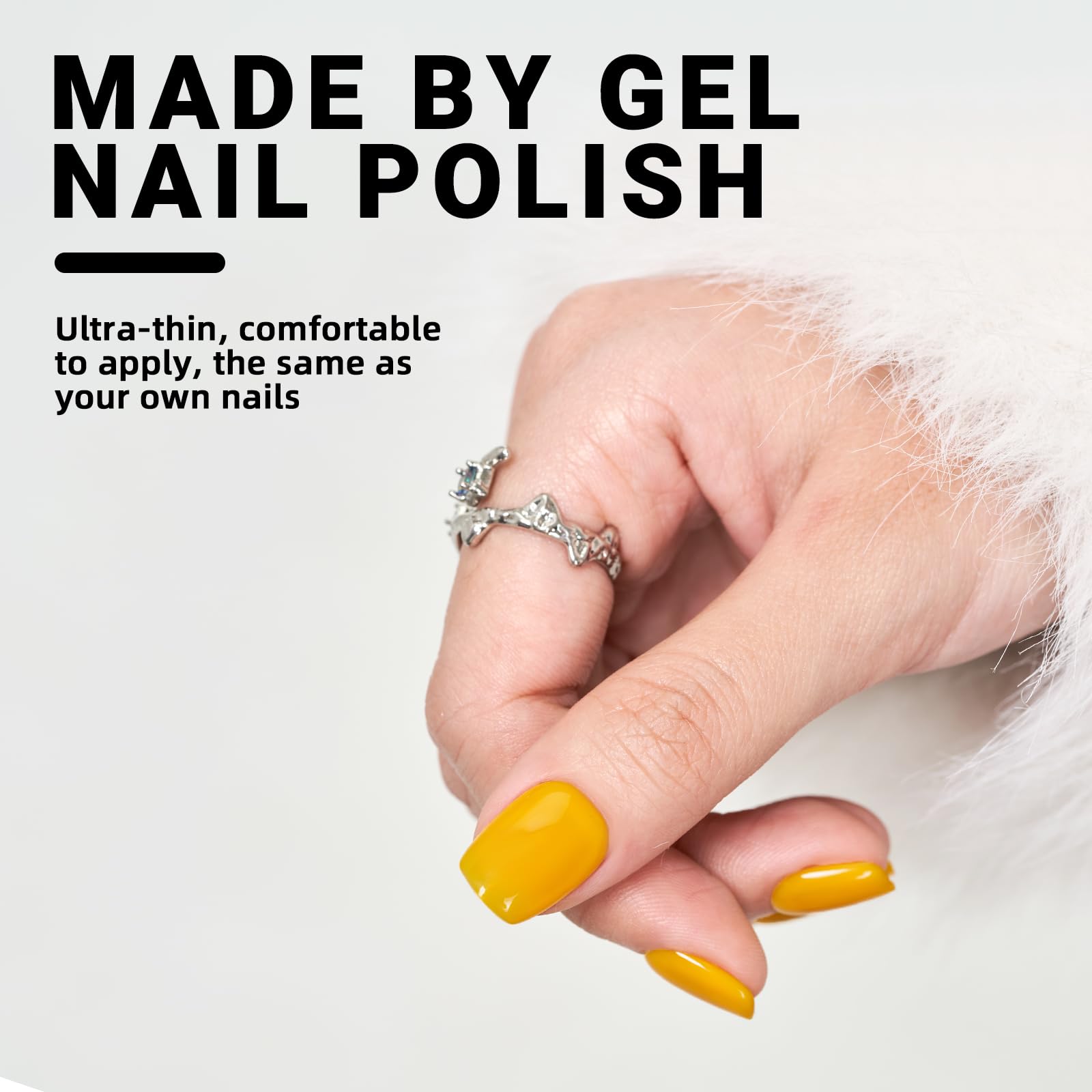 Wooyas Short Press On Nails – Yellow Gel Nails Kit, 24 Pcs, 12 Sizes, Reusable