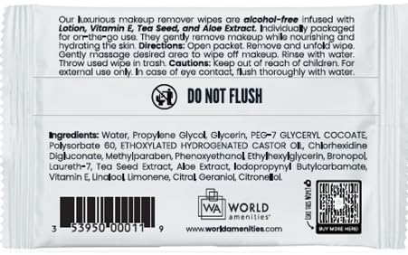 World Amenities Bulk Makeup Remover Wipes – 500 Count, Individually Wrapped, Alcohol-Free, Vitamin E