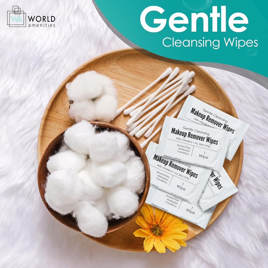 World Amenities Bulk Makeup Remover Wipes – 500 Count, Individually Wrapped, Alcohol-Free, Vitamin E
