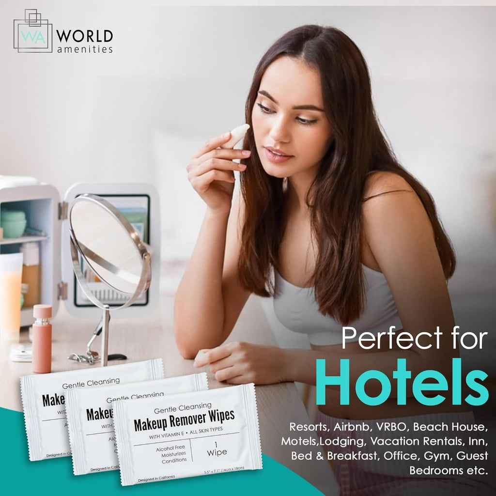 World Amenities Bulk Makeup Remover Wipes – 500 Count, Individually Wrapped, Alcohol-Free, Vitamin E