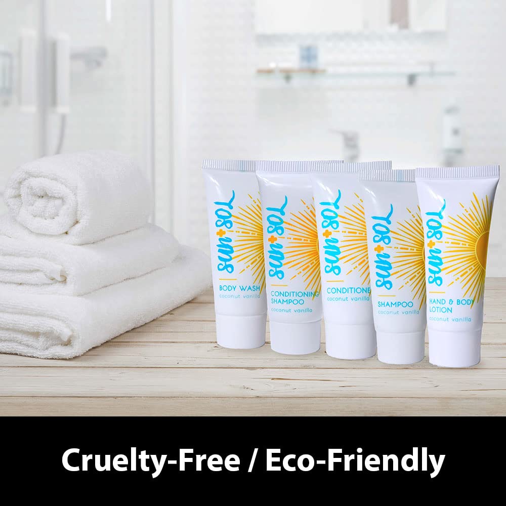 World Amenities Sun + Sol 2-in-1 Shampoo & Conditioner Bulk Pack – Coconut & Vanilla, 0.7 oz Tubes (50 Count)