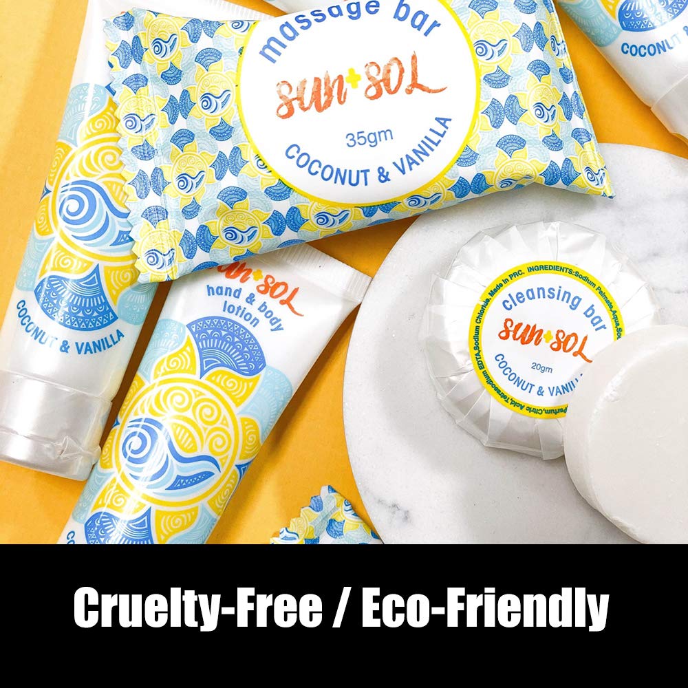World Amenities Sun + Sol Bulk Luxurious Hand & Body Lotion – 0.7 oz Travel Size, 300 Count, Warm Coconut & Vanilla