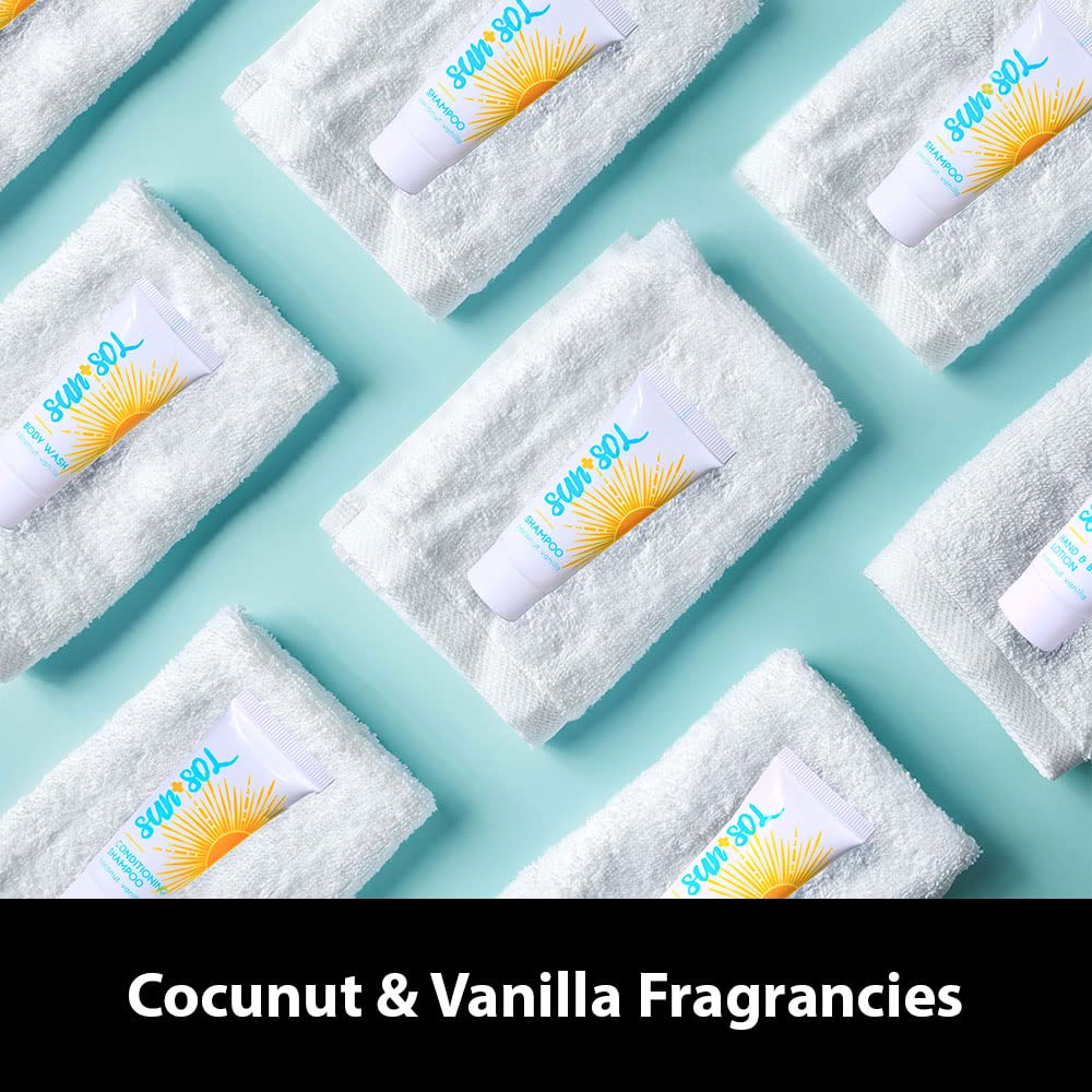 World Amenities Sun + Sol 2-in-1 Shampoo & Conditioner Bulk Pack – Coconut & Vanilla, 0.7 oz Tubes (50 Count)