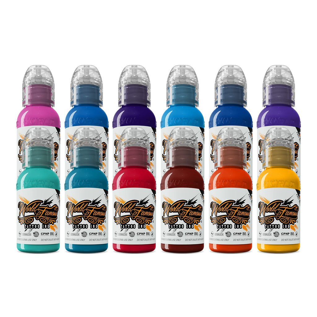World Famous Tattoo Ink - 12 Primary Color Kit #2 (1 oz Each) | Professional Vegan, Non-Toxic Ink Collection