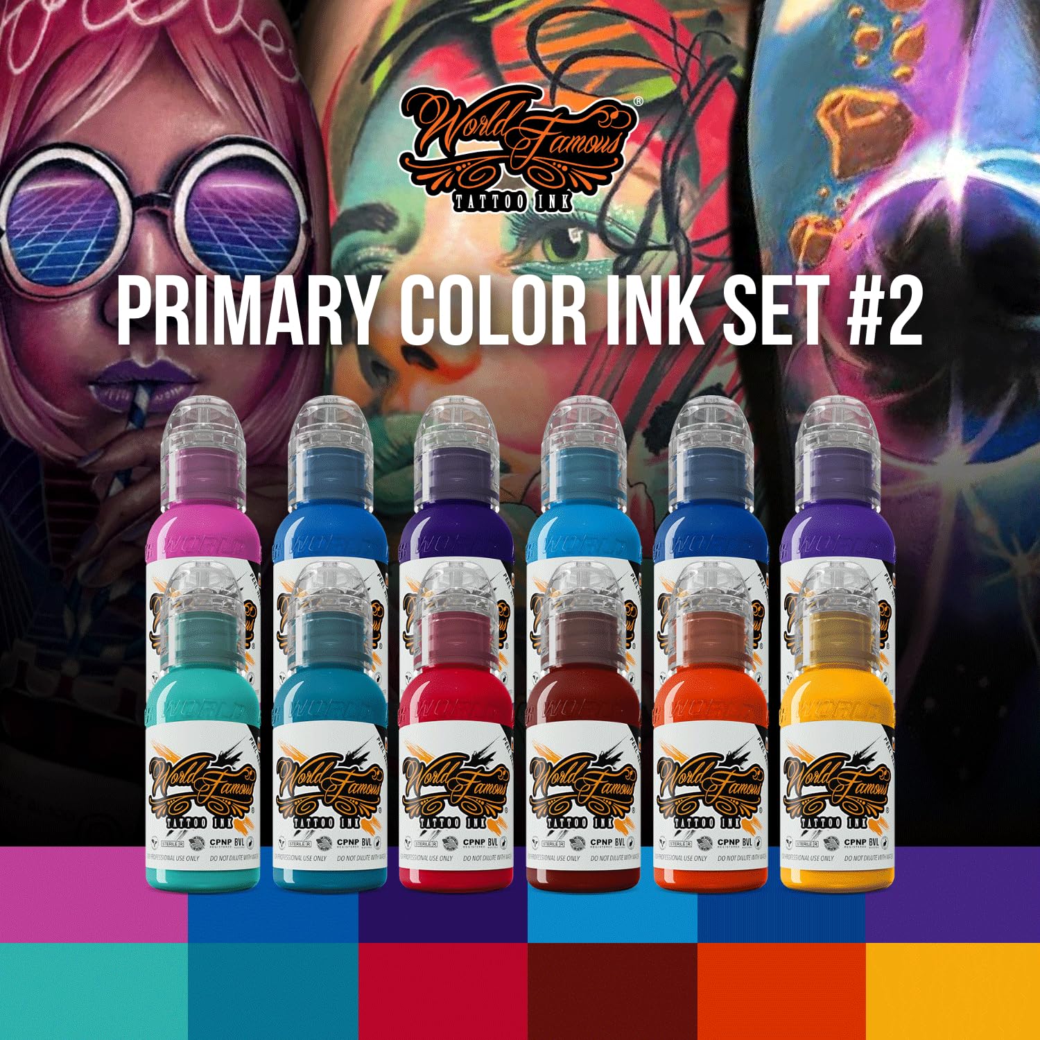 World Famous Tattoo Ink - 12 Primary Color Kit #2 (1 oz Each) | Professional Vegan, Non-Toxic Ink Collection