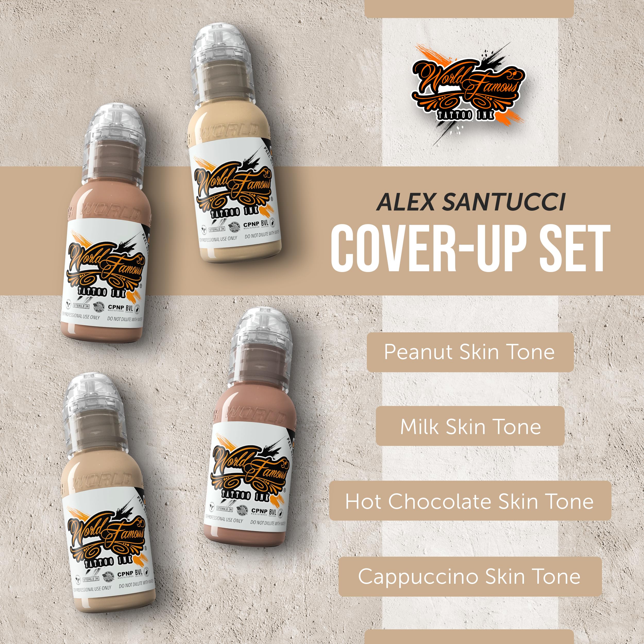World Famous Tattoo Ink Skintone 4-Count Set – 4 x 1oz Skin Tones for Cover-Ups