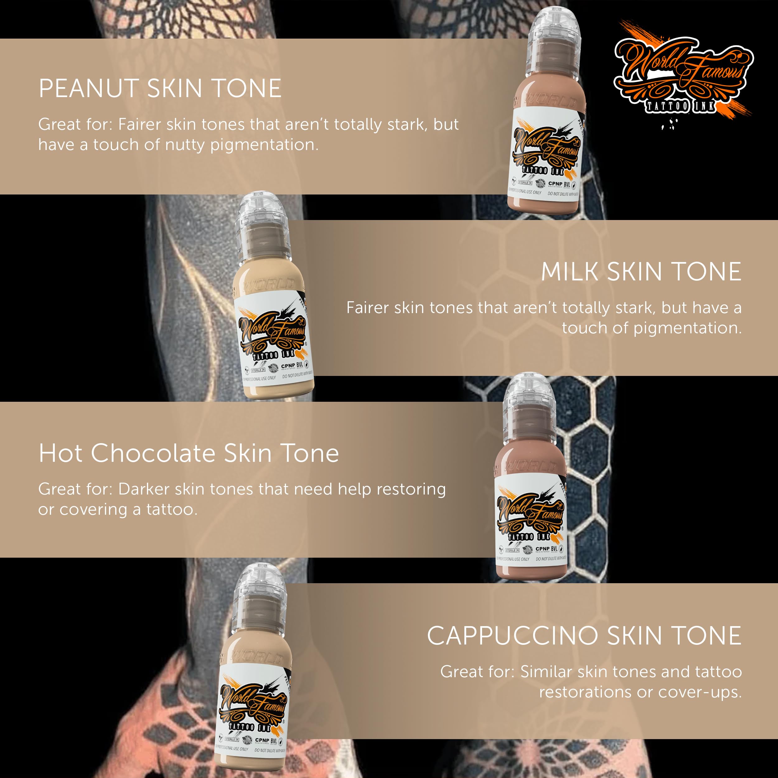 World Famous Tattoo Ink Skintone 4-Count Set – 4 x 1oz Skin Tones for Cover-Ups