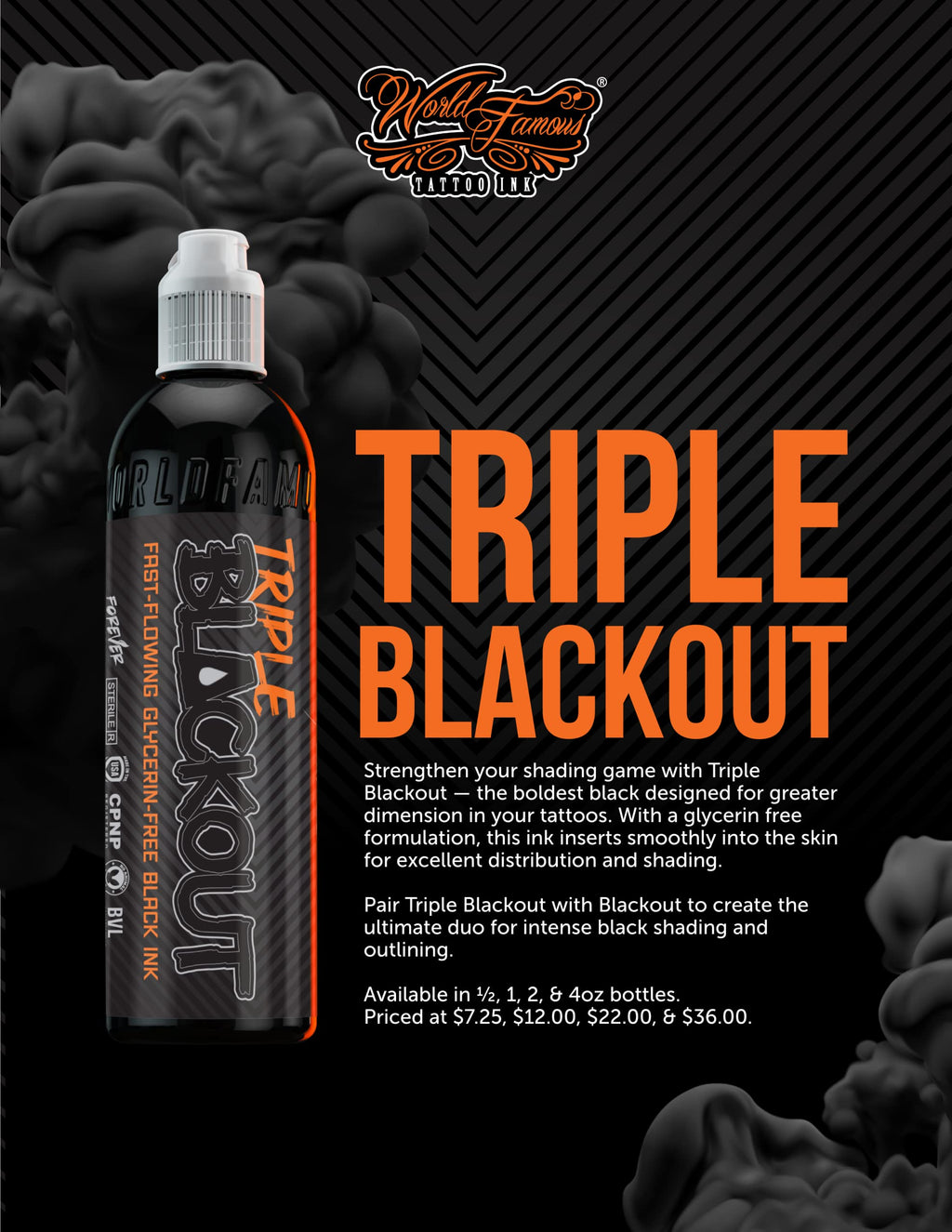 World Famous Tattoo Ink - Triple Blackout (8 oz) - Dark, Bold Black Shade - Vegan & Non-Toxic