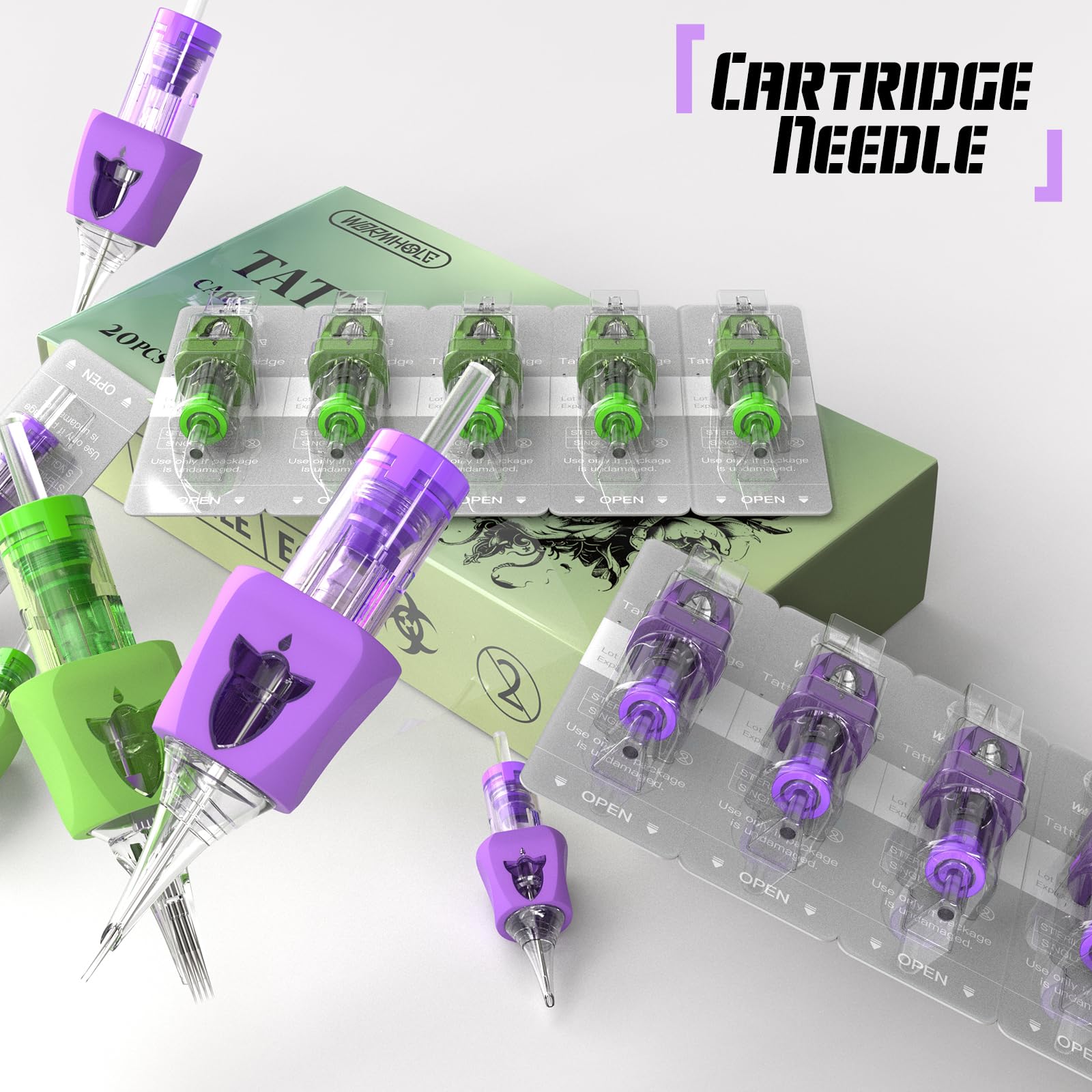 Wormhole Tattoo Cartridge Needles 20pcs Mixed Sizes – Finger Ledge, 1003RL 1005RL 1005RM 1007RM