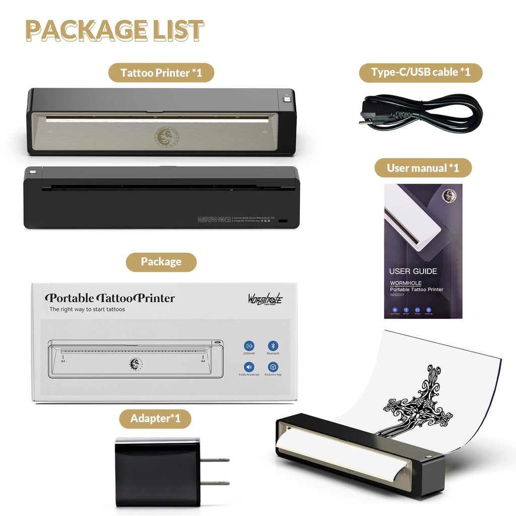 Wormhole Tattoo Stencil Printer – Wireless Bluetooth Portable Thermal Copier, 2500mAh Battery