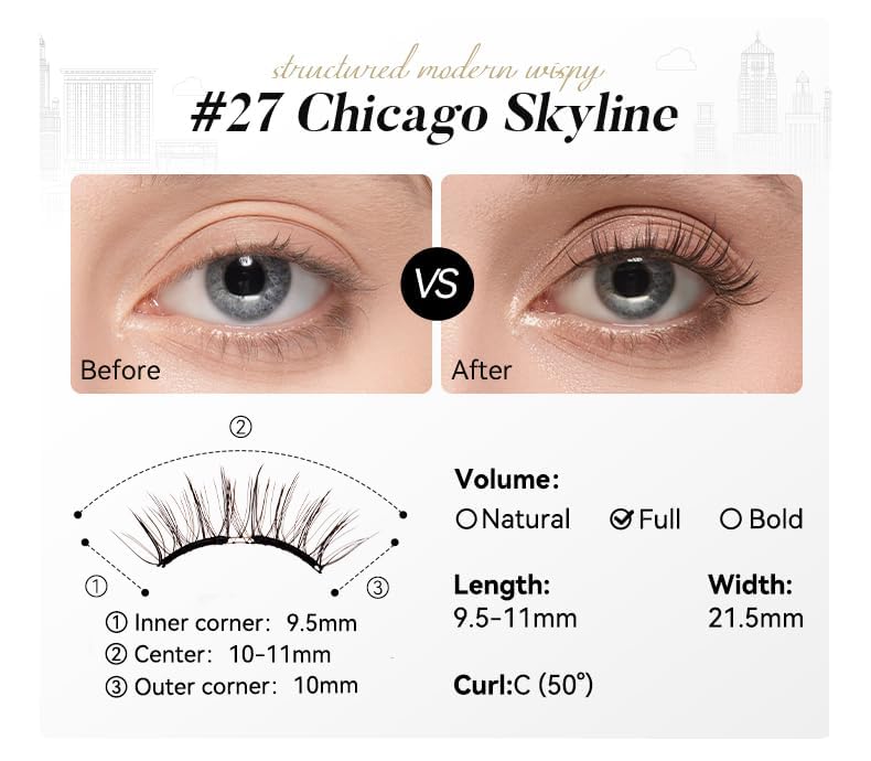 WOSADO Magnetic Eyelashes with Applicator Kit – Glue-Free, Reusable (V27 Chicago Skyline)